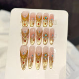 Qfdian  10pcs Handmade Luxury Press On Nails With Glitter Rhinestones Decor French Fake Nails Pink Gold Gradient Glitter False Nail Art