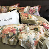 Qfdian 1000TC Egyptian Cotton Vintage Oil Painting Style Flowers Print Bedding Set Duvet Cover Flat/Fitted Bed Sheet Pillowcase 4Pcs