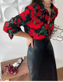 Qfdian  Black Printed Blouse Women Turn-Down Collar Single-Breasted Rose Floral Shirts Long Sleeve Fashion Tops Ladies Workwear
