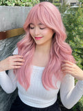 Qfdian 20Inch Peachy Pink Pretty Lolita Synthetic Wigs with Bang Medium Natural Wavy Hair for Women Daily Use Cosplay Heat Resistant