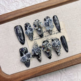 Qfdian  Gothic Elegant Press On Nails Smoky Black Glitter Resin Metal Star Butterfly Accessories Multiple Sizes Easy to Apply Reusable