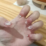 Qfdian 24Pcs Nude Pink Nail Tips Short Round Head False Nails with Design Wearable Finished Fake Nails Full Cover Press on Nails