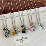 Qfdian Korean Colorful Stones Geometric Pendant Necklace for Women Simple Metal Grape Cluster Clavicle Chain Sweater Chain Jewelry Gift