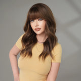 Qfdian  Long Wavy Brown Wig for Women Daily Cosplay Party Overhead Dyeing Wavy Wigs Synthetic Wigs Heat Resistant Wig With Bang