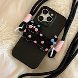 Qfdian Cute 3d colorful cat anti-fall rope fundas for iphone 12pro 15 pro max 13pro 14promax 15pro 12 14 13 black white phone case