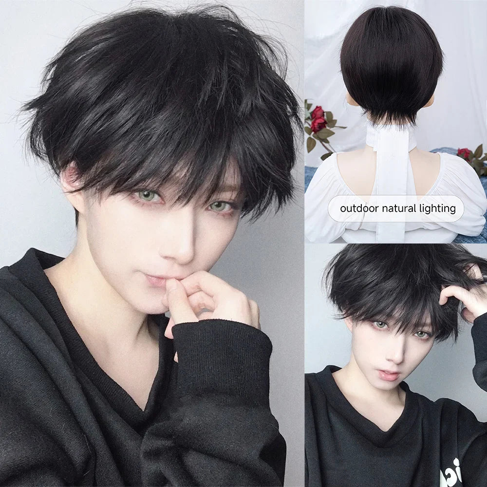 Qfdian 10Inch Black Color Handsome Synthetic Wigs With Bang Short Straight Hair Wig For Men Women Daily Cosplay Party Heat Resistant