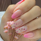 Qfdian 24Pcs Short Round Head False Nails Glitter Pink Almond Fake Nails Strawberry Full Cover Press on Nails Wearable Nail Tips