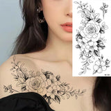 Qfdian  Waterproof Temporary Tattoo Sticker Flowers Roses Lilies Peonies Geometric Patterns Body Art Arm Fake Tattoos Sleeve Women Men