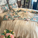 Qfdian Vintage French Flower Prints Ruffles Bow Princess Romantic Bedding Set 100% Cotton Duvet Cover Bed Skirt Bedspread Pillowcases
