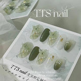 Qfdian Handmade 3D Green Fairy Almond Press on Nails with Glue Fake Nail Gradient Butterfly Reusable Artifical Full Cover Nail Tips Art