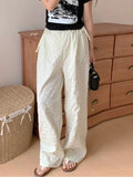 Qfdian  Korean Fashion High Waist Lace Up Bow Straight Tube Pants Spring Women's Design Versatile Jacquard Casual Simple Style Pants