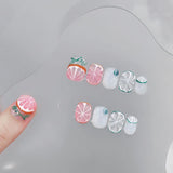 Qfdian  10pcs 3D Fresh Fruit Stick on Nails Cute Cartoon Press on Nails Stickers Summer Sweet Short Square Wearable Handmade Fake Nails