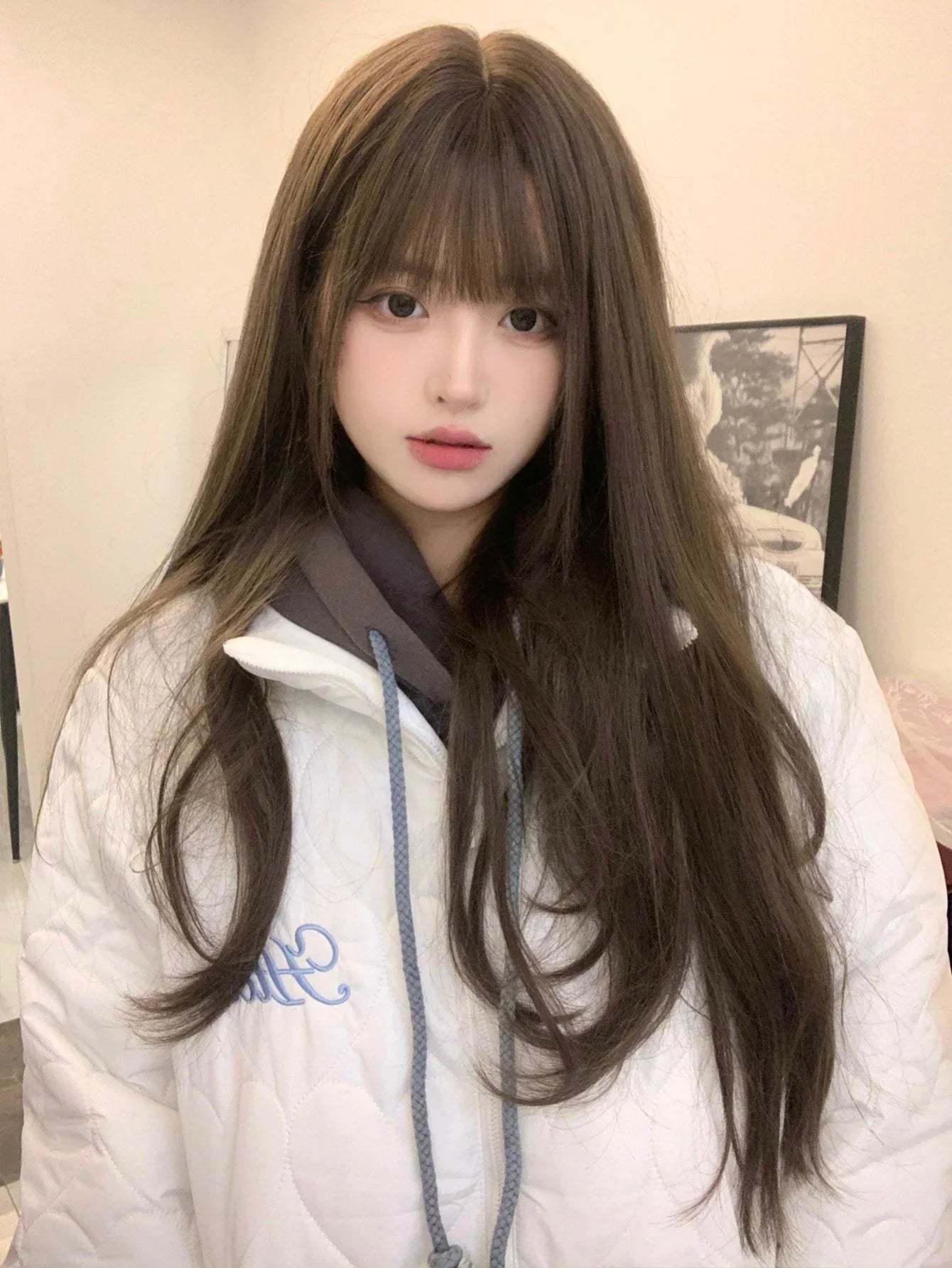 Qfdian 24Inch Cold Brown Synthetic Wigs With Bang Long Natural Straight Hair Wig for Women Daily Use Cosplay Heat Resistant Lolita