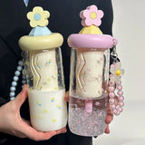 Qfdian  Cute Flower Tea Glasses With Straw Tumbler Glass Water Bottle For Girls Large Capacity Cold Coffee Juice Cups Drinking Utensils