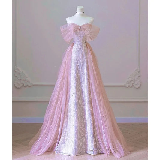 Pink off-Shoulder New Toast Dress Light Luxury Minority Banquet Women