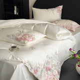 Qfdian Flowers Embroidery Luxury Bedding Set Egyptian Cotton Single Queen King Size Duvet Cover Flat/Fitted Bed Sheet Pillowcases 3/4Pc