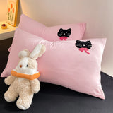 Qfdian Korean Style Pink Bedding Set Black Cat Embroidery Washed Cotton  Duvet Cover Cute Cardboard  Bed linen Comforter Sets