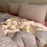 Qfdian  Nordic Bedding Set Pure Cotton Striped Duvet Cover Set Soft Flat Sheet Single Queen Size Double Bed Sheet Set For Bedroom Decor