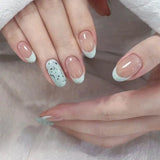 Qfdian Handmade Refreshing Mint French Short Oval Press On Nails Eggshell Design False Nails Wearable Manicure For Women And Girls