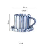 Qfdian  280ml/9.5oz afternoon tea coffee cup, Minimalist striped hand drawn cup and plate set, ceramic milk coffee cup, household drinki