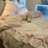 Qfdian  ‌Princess Style Purple Ruffle Duvet Cover Set - Washed Cotton 4-Piece/3-Piece Bedding Double Size/Dorm Sheet Set