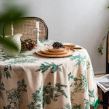 Qfdian Green Leaves Print Round Tablecloth Cotton Linen Boho Table Cloth with Tassels for Kitchen Restaurant Christmas Party Decoration