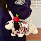 Qfdian Japanese Fluffy Cartoon Striped Dog Shoulder Bag Kawaii Sweet Fashion Women's Handbags Y2k Aesthetic Cute Crossbody Bags Trendy