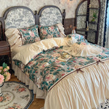 Qfdian Vintage French Flower Prints Ruffles Bow Princess Romantic Bedding Set 100% Cotton Duvet Cover Bed Skirt Bedspread Pillowcases
