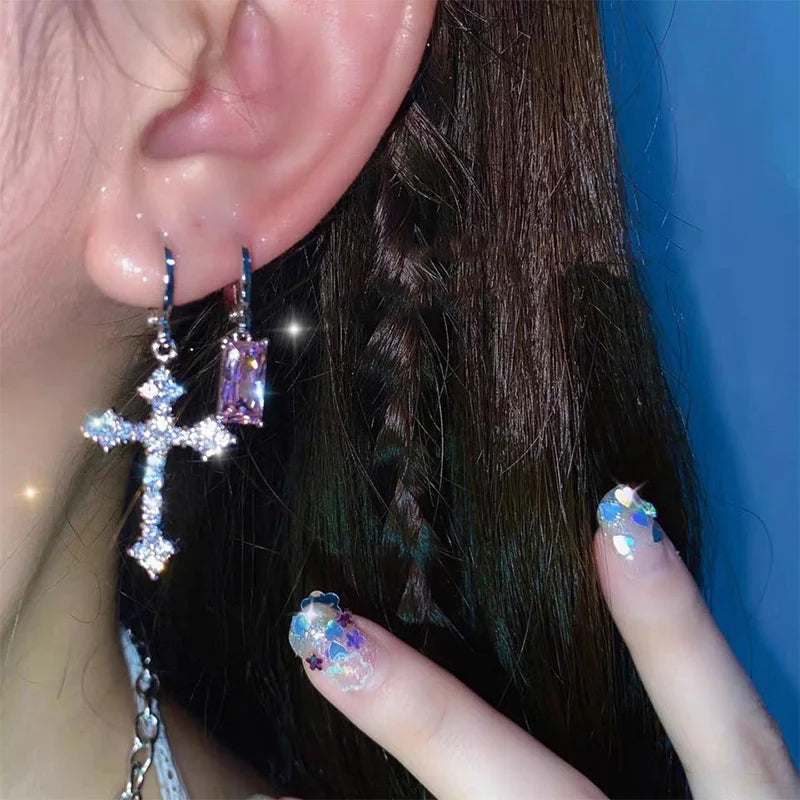 Cool Pink Rhinestone Zircon Cross Earrings For Women Korean Fashion Earring Daily Birthday Party Jewelry Gifts