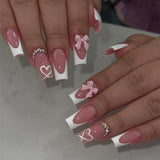 Qfdian  24Pcs Long Coffin False Nails Pink French Flowers Design Fake Nail with Butterfly Rhinestone Wearable Ballet Press on Nails