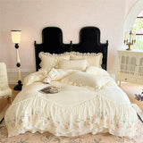 Qfdian  4Pcs Korean Style Lace Flowers Embroidery Princess Wedding Bedding Set Duvet Cover Bed Sheet/Fitted Sheet/Bed Skirt Pillowcases