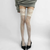 Qfdian 2025 Women Flower Lace Fishnet Thigh High Stockings Japanese Style JK Girl Sweet Lace Trim Frilly Over Knee Long Socks