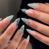 Qfdian  24Pcs Mid-length 3D Flowers Design Fingertips Sweet Butterfly Yellow Ripple Almond False Nails Detachable Full Cover Press Ons