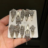 Qfdian  Luxury Silver Toned Press on Nails with Diamonds and Pearls Made of Eco friendly ABS Plastic Alloy and Cultured Pearls Exquisite