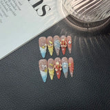 Qfdian  10pcs Retro Court Style Fake Nails 3D Embossed Flower False Nails Golden French Nail Art Colorful Long Stiletto Press on Nails