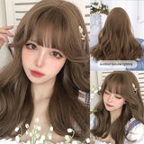 Qfdian 20Inch Honey Brown Lolita Synthetic Wigs with Bangs Long Natural Wavy Hair Wig for Women Daily Use Cosplay Drag Heat Resistant