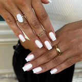 Qfdian 24Pcs Short Square Head Nails Set with Jelly Glue Simple White French Design False Nails Wearable Finished Press on Fake Nails