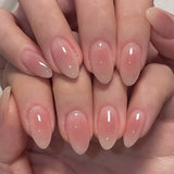Qfdian 24pcs Simple Almond False Nails Sets Blush Design Press on Nails Art Datachable Short Oval Fake Nail with Jelly Glue Manicure