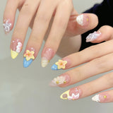 Qfdian  10pcs Handmade Press On Nails Almond False Nails 3D Starfish Flower Decor Glitter French Fake Nails Fashion Flash Y2K Nail Art