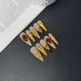 Qfdian  10pcs Retro Court Style Fake Nails 3D Embossed Flower False Nails Golden French Nail Art Colorful Long Stiletto Press on Nails