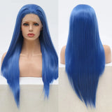 Qfdian Blue Wig Long Straight Synthetic Lace Front Wig Glueless Wigs Ready to Wear Dark Blue Wigs for Women Party Cosplay Frontal Hair