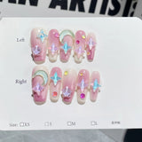 Qfdian  10Pcs Pink Coffin Handmade Press On Nails Moon Stars False Nails Sweet Bow Diamond Design Full Cover Ballet Fake Nails Press On