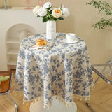 Qfdian Green Leaves Print Round Tablecloth Cotton Linen Boho Table Cloth with Tassels for Kitchen Restaurant Christmas Party Decoration