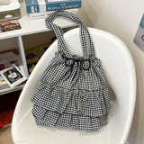 Qfdian Y2k Aesthetic Preppy Plaid Ruffled Women's Handbags Korean Women Fashion Shoulder Bags All Match Drawstring Pleated Underarm Bag