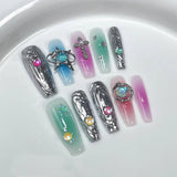 Qfdian  Galaxy False Nails Glitter Gradient Press on Nails with Star Moon Metal Decorations, Durable Acrylic Nails Comfortable Fit for