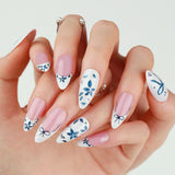 Qfdian  24pcs Simple Blue Bowknots Press On Nails Glossy White Edge French Style Flower Brid Pattern Spring False Nails Almond Fake Nail