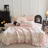 Qfdian  Rose Embossing Quilted Duvet Cover Set Vintage Lace Ruffles Pure Cotton Bedding Set Bed Sheet Pillowcases