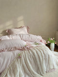 Qfdian French Lace Ruffles Princess Wedding Bedding Set Pure Cotton Double Layer Yarn Soft Duvet Cover Flat/Fitted Bed Sheet Pillowcase