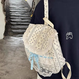 Qfdian Korean Lace Patchwork Sweet Bow Backpack Women Students Chic Flower Print Bow Schoolbags Y2k Aesthetic Girls All Match Backpacks