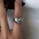 Qfdian  Kpop Vintage Y2K Black Big Cross Ring Thorns Heart Metal Opened Ring For Women BFF Trendy Gothic Grunge Aesthetic EMO Jewelry
